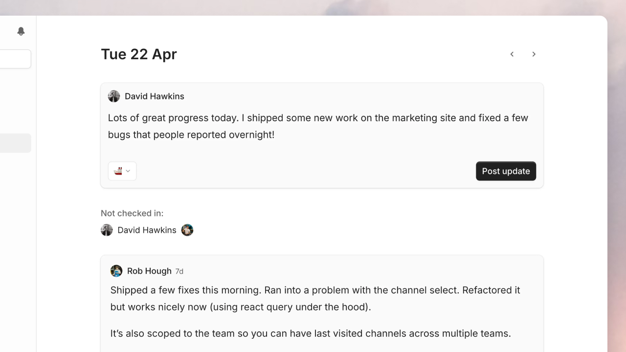 A screenshot of the checkins feature in Cushion