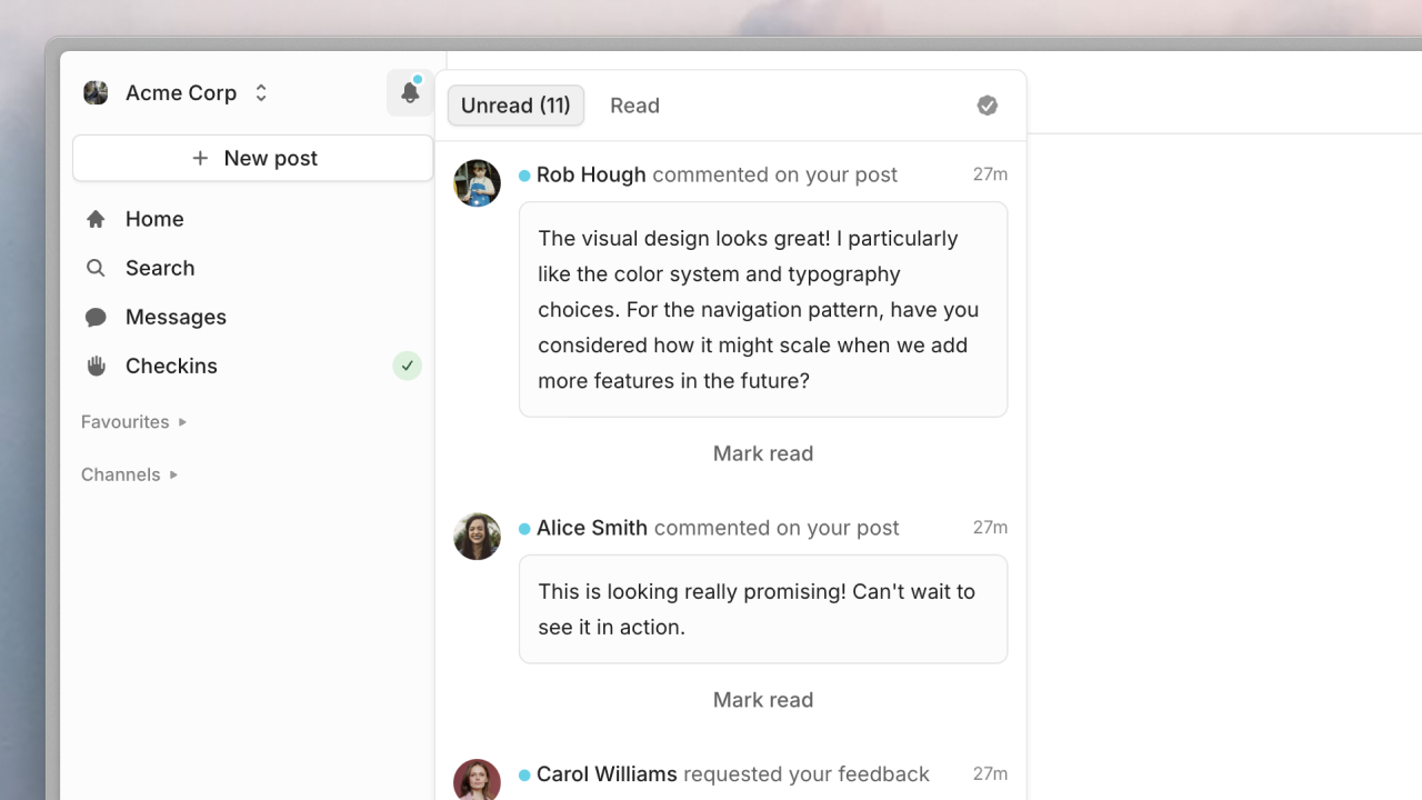 A screenshot of the notifications inbox in Cushion