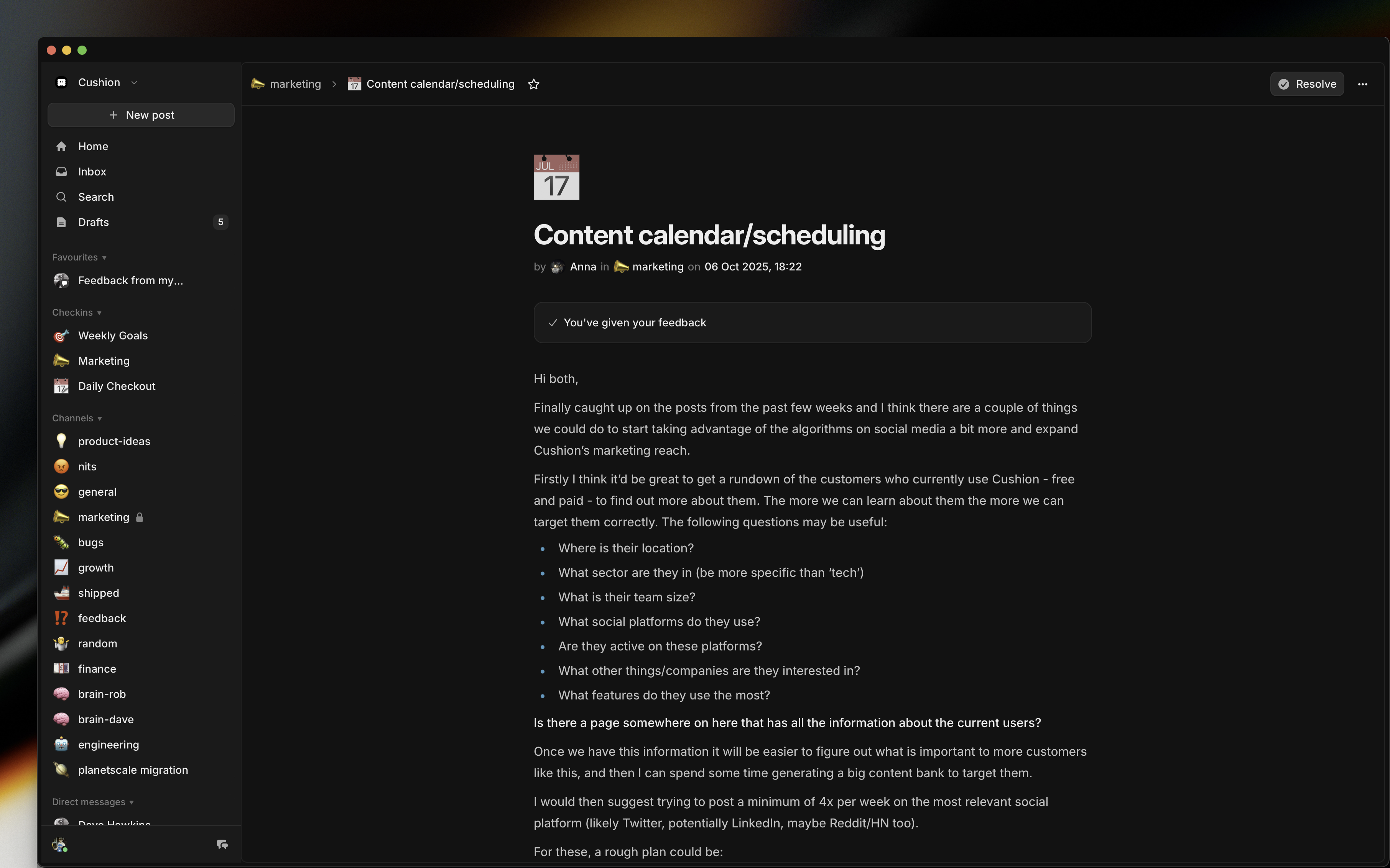 Cushion is based around posts which are focused single-thread topics