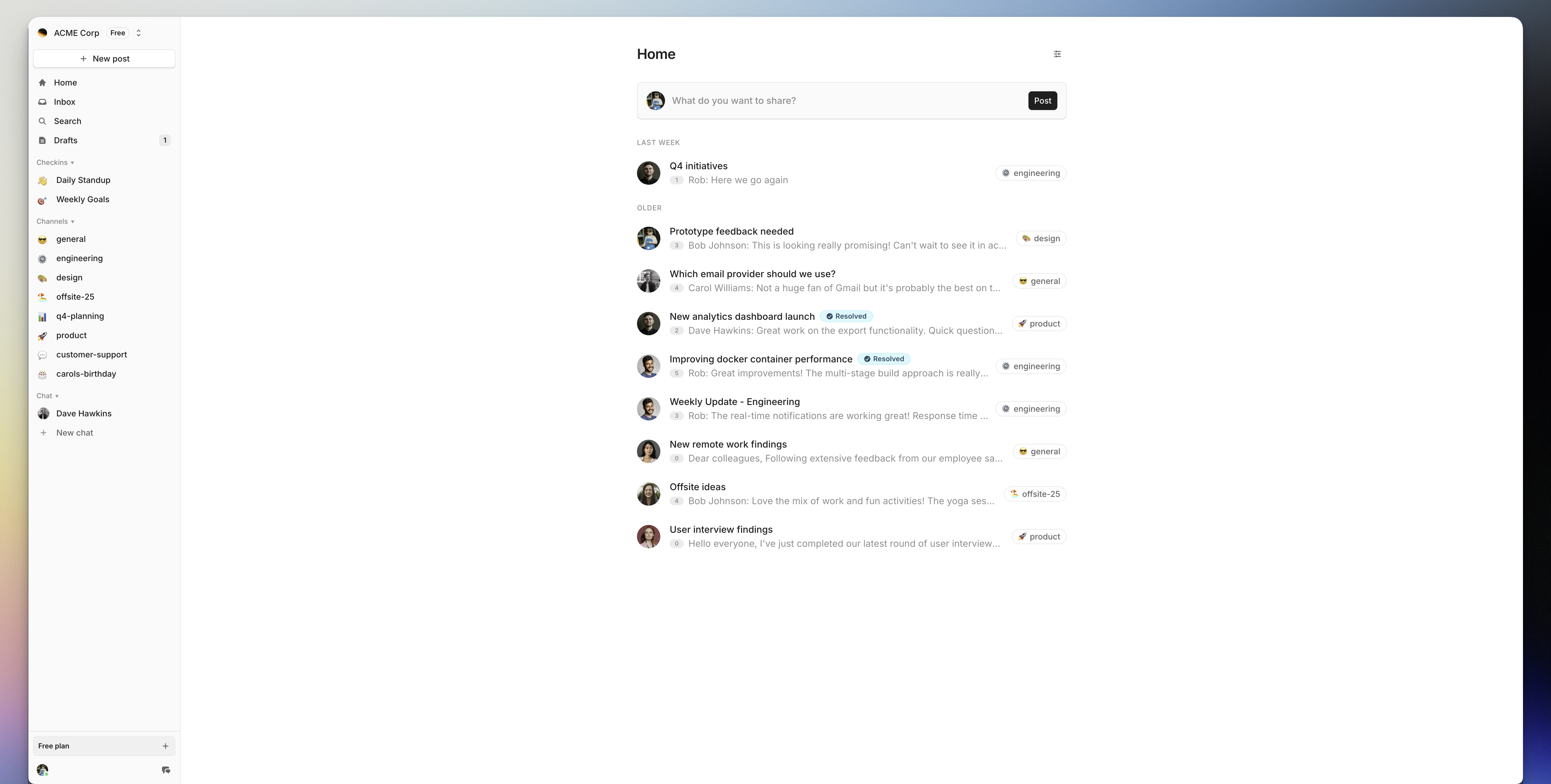 A screenshot of cushion Home showing a list of team posts for ACME Corp