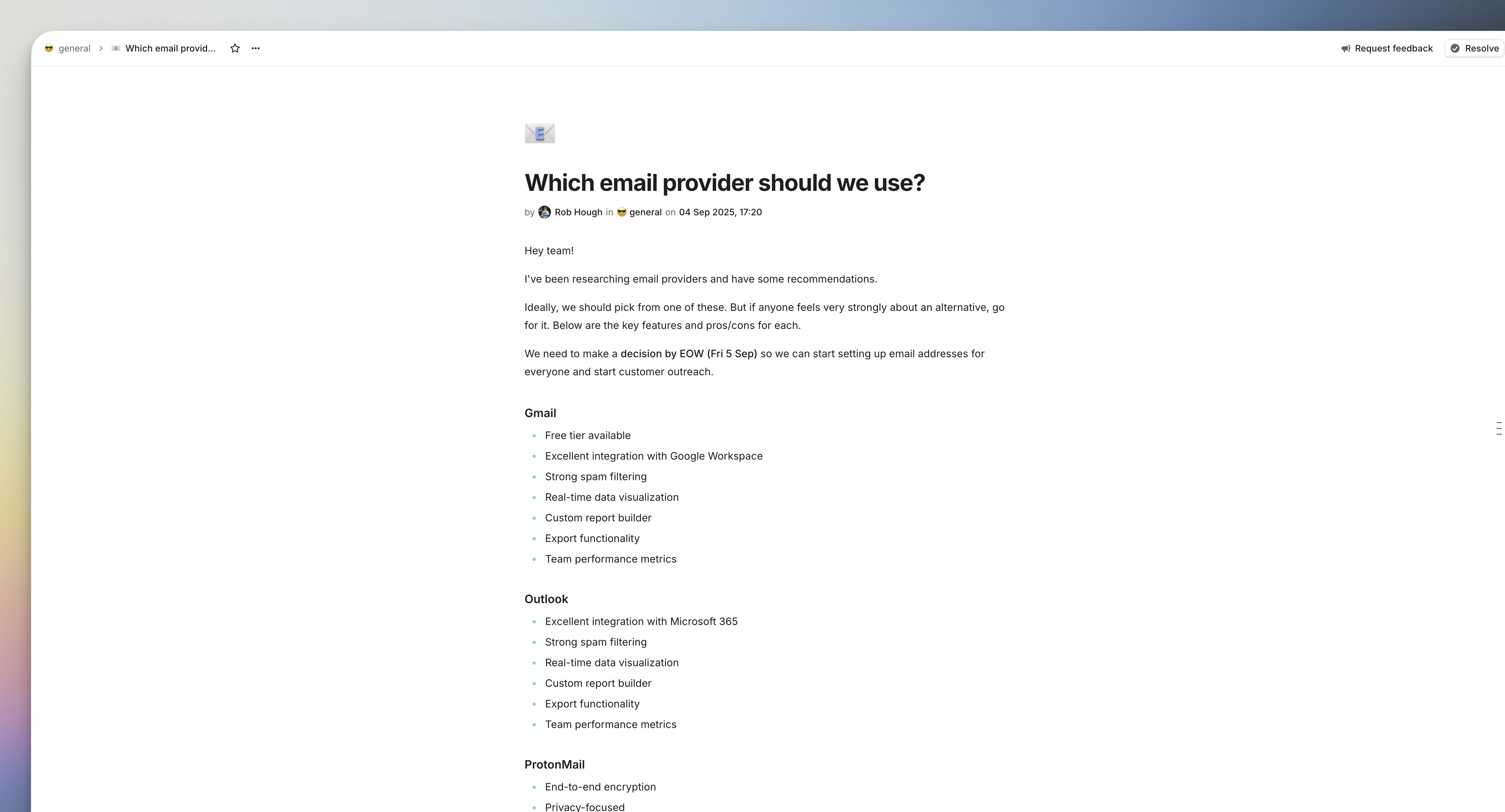 An example post which shows a real post in cushion discussing what email provider the team will use