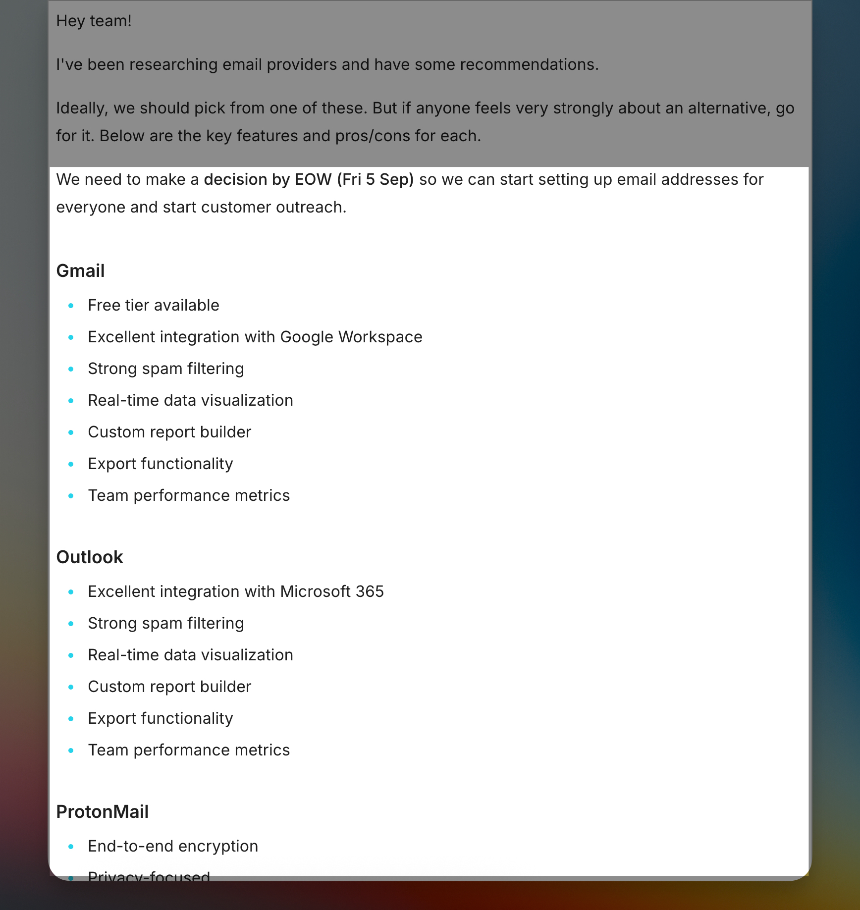 An example post which shows a real post in cushion discussing what email provider the team will use