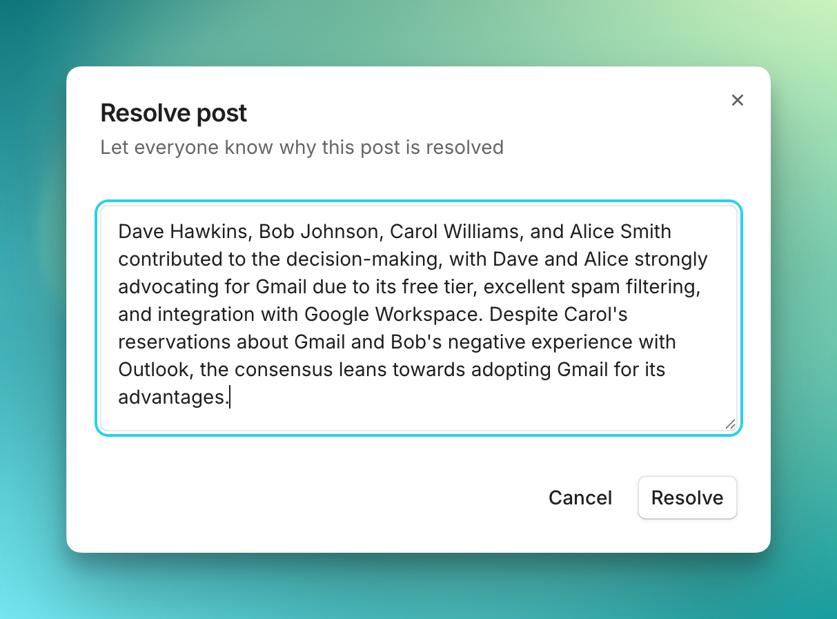 An example post which shows a real post in cushion discussing what email provider the team will use