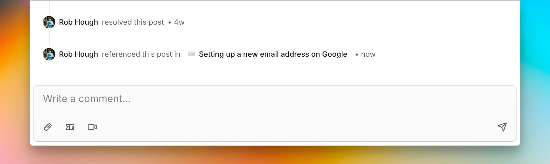 An example post which shows a real post in cushion discussing what email provider the team will use